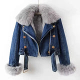 Faux Fur Collar Lining Denim Jacket-Outfit