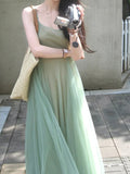 Fongt Summer New Temperament Slim Comfortable Design Small Fashion Art Green Dress Two Sets Of Women
