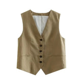 Fongt 2023 Summer V-Neck Solid Color Single Breasted Vest High Waist Wide-Leg Pants Shorts Set 9ZS2251-Outfit
