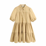New Lapel Button Solid Color Wide Pendulum Cotton Dress 2648202-Outfit