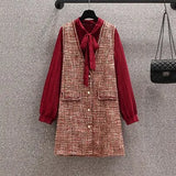 Vintage Fragrance Suits Autumn Red Long Sleeve Bow Collar Blouse And Tweed Vest Dresses Two Pieces Sets