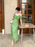 Fongt Xixi 2025 Summer New High-Waisted Print Temperament Shoulder Lotus Leaf Side Dress High-End Dress 88360