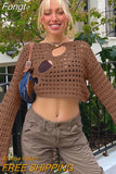 Hollow Out Cropped Knit Sweater Women Fairy Grunge Long Sleeve Top Vintage Loose Distressed Crochet Pullovers Cover-up