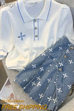 Women High Quality Summer 2-piece Set O-Neck Black Short Sleeve Knit Tops+Blue Printed Denim Mini Skirt Suit Female