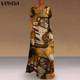 Printed Maxi Dress 2022 Casual Women's Summer Sundress VONDA Bohemian Female Printed Robe Short Sleeve