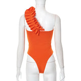 Sexy Ruffles Slant Shoulder Cut Out Bodysuits Women Sleeveless Solid White One Piece Rompers 2022 Summer Beach Holiday
