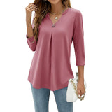 Color Five Yards A Large Number Of Burst Seven-Point Sleeve Solid Color V-Neck Buckle Folded T-Shirt Top