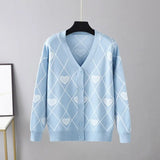 Women's Knitting Print Sweater Color Heart Single-Breasted Button Loose Casual Knitted Cardigan Sweaters Autumn V-neck
