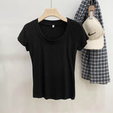 Version Simple Solid Color Threaded U-Collar Short-Sleeved T-Shirt Women Summer New Style Slim Look Thin Pure Desire Hot Girl Blouse Girl-Outfit