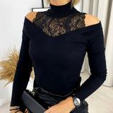 Shoulder Turtleneck Tee Casual Ladies
