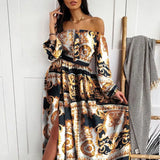 Fongt New Evening Dress Print Dress V Collar Retro Long Sleeves Open Fork