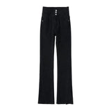 Fongt Waist Jeans Female Spring And Autumn New Slim Slim Straight Wide Leg Open Slit Micro Bell Pants-Outfit