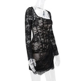 Black Long Sleeve Lace Bodycon Drape Mini Dress-Outfit