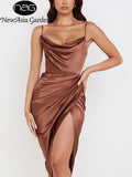 Satin Dress Spaghetti Strap Split Ruched Cowl Neck 2 Layer Elastic Zipper Midi Dress Elegant Sexy Dresses for Women