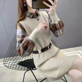 Fongt And Elegant Suit Fake Two Long Waist Dress Plaid Shirt Sweater Knit Two Set Inside-Outfit