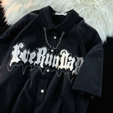 Gothic Towel Embroidery Y2K Chain Shirt Mens Oversized Short Sleeve Casual Blouse Hip Hop Brand Button Up Shirts Solid-Outfit