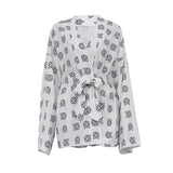 Fongt New Loose Print Women's Casual Tie Long Sleeve Pajamas High Waist Shorts Set Home Clothes-Outfit