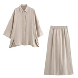 Fongt Women's INS Exploding Loose Linen Shirts Tight Straight Pants Set 2157045