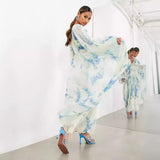 Fongt Women's Printed Chiffon Dress V Collar Folded Waist Drawstring Long Sleeve 8042
