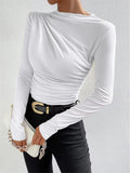 Fongt Summer Solid Color Round Collar Repair Shirt Bran Folding Design Women's Long-Sleeved Top