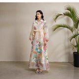 Fongt Court-Print Bubble-Sleeved Dress Women's Autumn Strap-In Belt Design Super Fairy Long Dress Dress