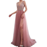 Fongt Wishebayshopee Pink Embroidered Beads Sexy Deep V-Squins Evening