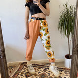 New Trend Sunflowers Printed Light Blue Jeans fit women young Girls soft denim long pant patchwork Harem hight waist