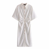 2022 Short Sleeve Summer New Women Fold Mini Dress Retro Slim Elastic Button Pleated Shirt Lapel