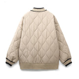 And Winter New Tricolor Knitted Spliced V-Collar Loose Version Cotton Jacket-Outfit