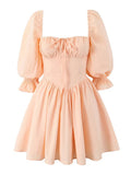Fongt Sweet Style Dress Women 2025 New Square Collar Bubble Sleeve Splicing Design Folds High-End Short