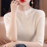 Fongt Summer Slim Head Five Minute Sleeve Bottom Top New Half High Collar Solid Color Simple Medium Sleeve Sweater Women-Outfit