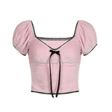 Waxy, Lazy And Colorful Butterfly Machine Is A New Style Of T-Shirt With Bubble Sleeves, Small Sexy V-Collar, Pink And Pure Style.-Outfit