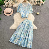 Fongt High-End Lace-Print Temperament Single-Drace Buckle Round-Neck Short-Sleeved Top Two Sets Of High-Rise Slimming Skirt