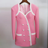 QUALITY Newest Fall Winter 2023 Designer Dress Women's Extra Shoulder Long Sleeve Double Breasted Color Block Mini