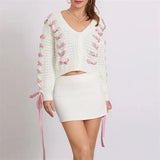 White Pink Ribbon Lace Up Sweater Cardigan-Outfit