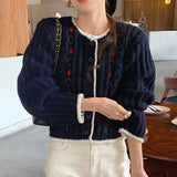 Chic Autumn And Winter French Small Fragrant Wind Three-Dimensional Embroidery Flowers Contrast Color Small Knit Sweater Sweater Coat Female-Outfit