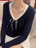 Women Solid Color Knit Sweaters 2023 Autumn Chic Long Sleeves V-Neck Sweaters Causal Female Crop Knitwears-Outfit