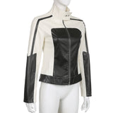 Color Block Zipper Faux Leather Moto Jacket-Outfit