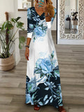 Short Sleeve Holiday Dress For Women Vintage Print V Neck Maxi Party Dress Elegant Ladies Loose Long Retro Dress