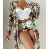 Fongt New Sexy Bikini Mesh Three-Piece Set Gathered Print Split Swimsuit