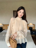 Fongt Xixi 2025 Autumn White Standard Temperament Romantic Lotus Leaf With Chiffon Shirt Long-Sleeved Shirt 89600
