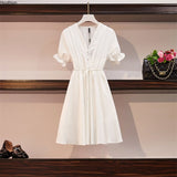New Short Sleeve Women's Dress Large Size Stitching Fashion Tops V-neck Draw Back Cotton Korean Summer