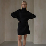 Fongt Turtleneck Dress Women's Leisurely Loose Thick Pit Strip Solid-Colored Bag-Up 2023 Autumn And Winter Knitted