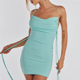 Fongt Summer New Women's Sexy Back Fashion One Word Collar Pleated Bag Hip Dress