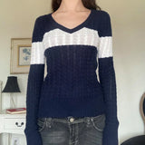 V Neck Striped Cable Knit Downtown 90s Top-Outfit