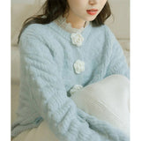 Blue Knitted Rose Buttoned Cardigan-Outfit