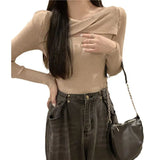 Collarbone Leisure Hollow Long-Sleeved Knitted Shirt Women Autumn New Slimming Elastic Inside The Bottom Of The Blouse