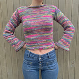 Vintage Rainbow Striped Knitted Sweaters Autumn Winter Crimping Long Sleeve Cropped Pullovers Jumpers Streetwear Chic