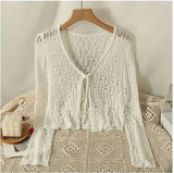 Hollow Out Sweater Shirts Lady Summer Full Sleeve Laced Crocheting Cardigan Thin Short Coats for Slim Woman-Outfit