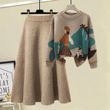 Winter Warm Knitted Two Pieces Sets For Women Long Sleeve Print Sweater And High Waist Knitting Skirts Set Womens